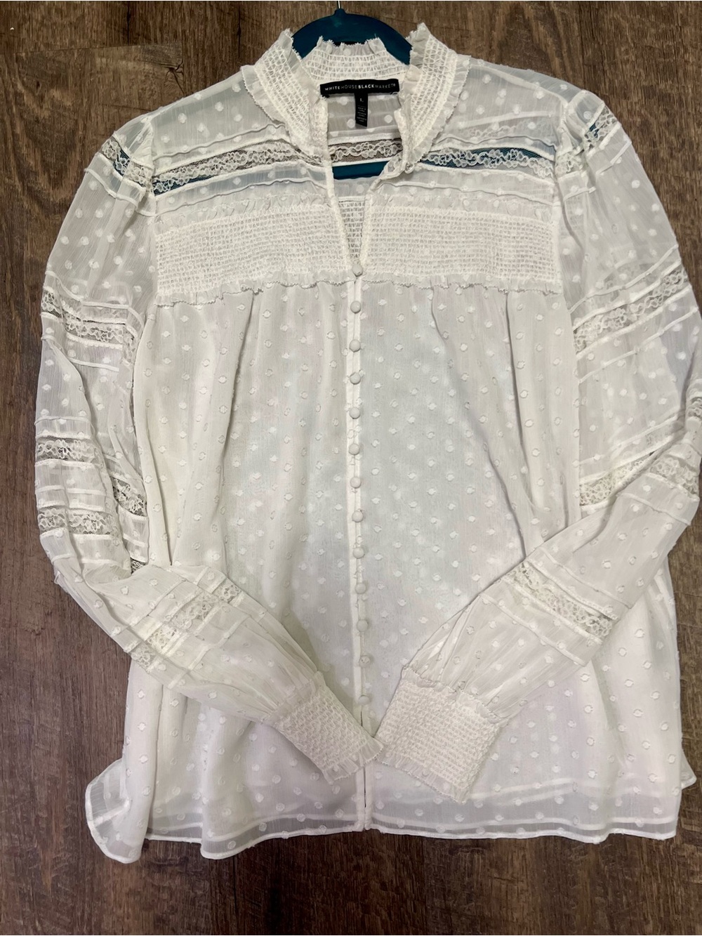 White House Black Market White Lace Swiss Dot Blouse